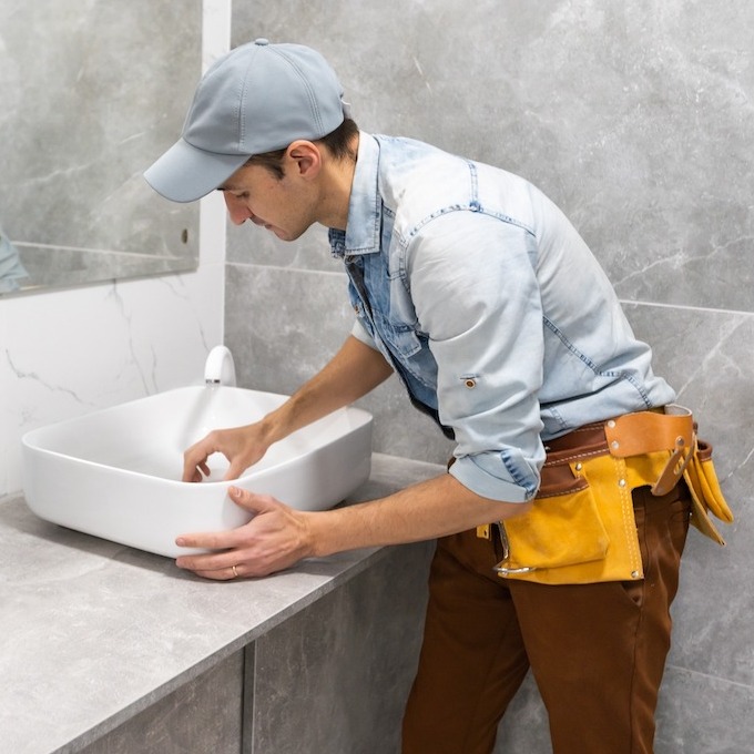 Plumber fixing a faucet and sink